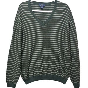 Brooks Brothers V-Neck‎ Sweater in Green and Cream Stripes